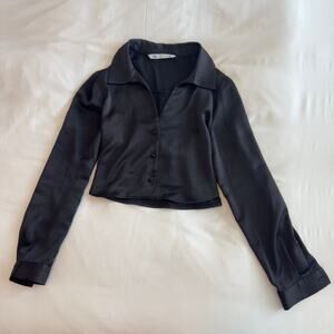 Zara Cropped Satin Button Up Long Sleeve Black Size S